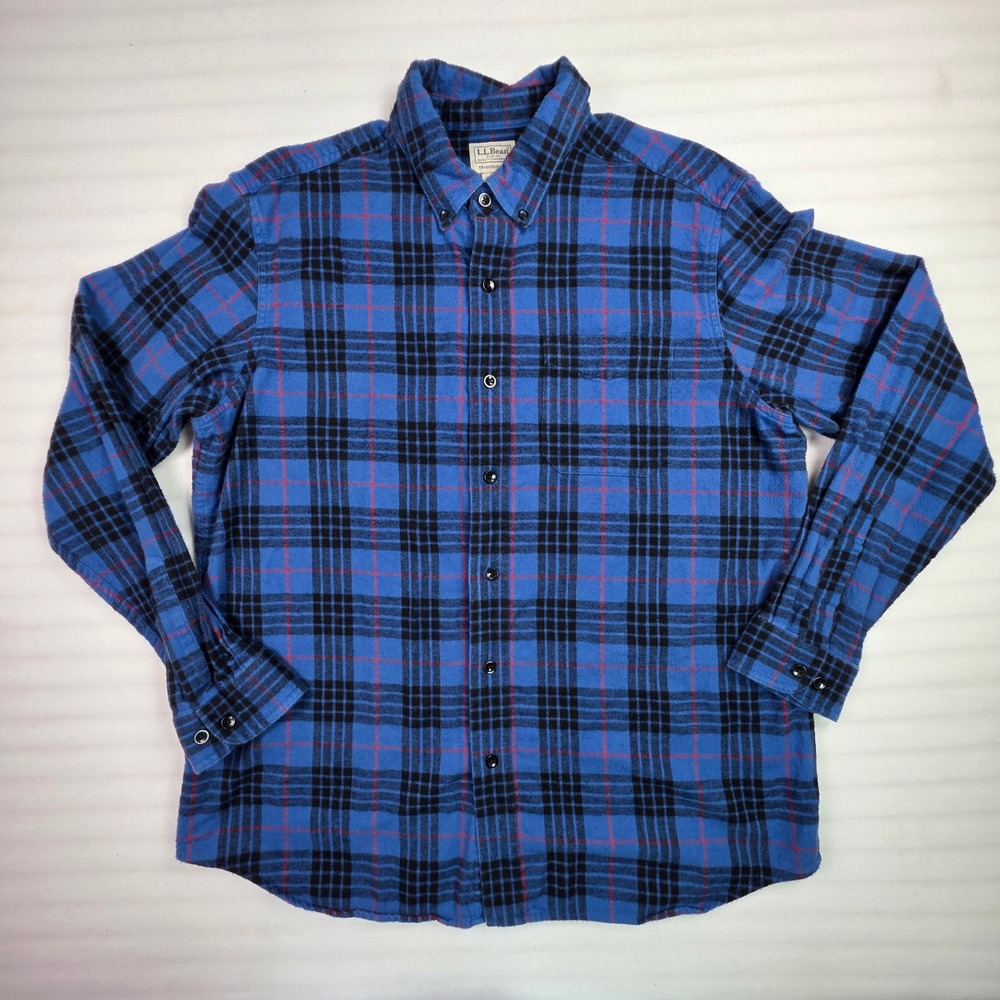 LL Bean Flannel Shirt Mens L Blue Plaid Traditional Fit Grunge Gorpcore